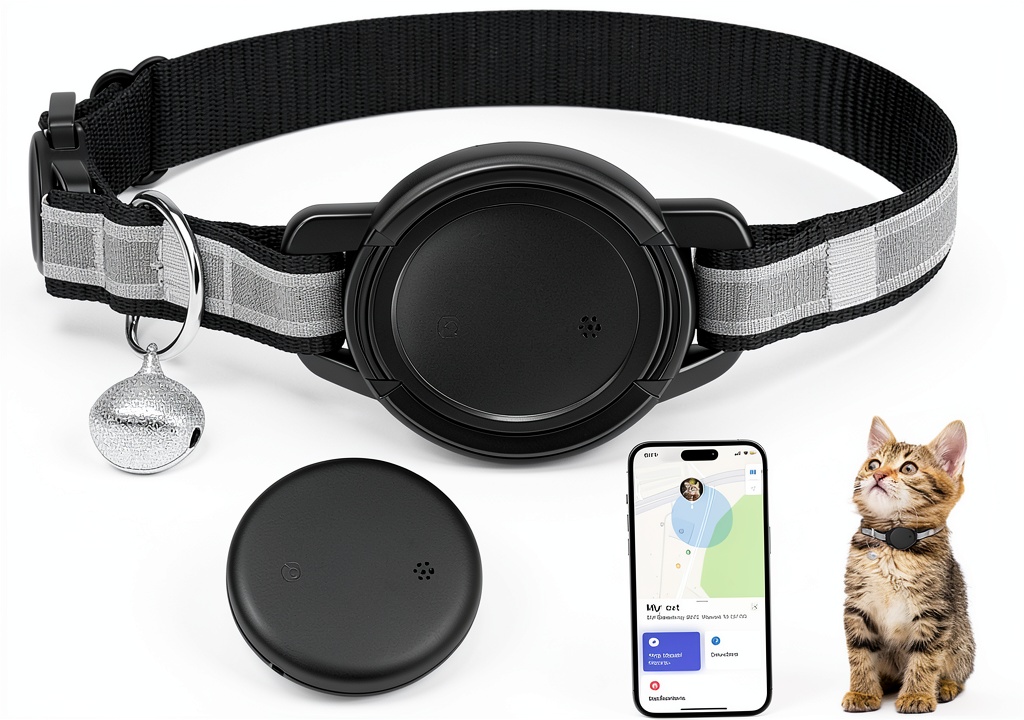 Vebiso GPS cat tracker collar on a cat showing reflective webbing