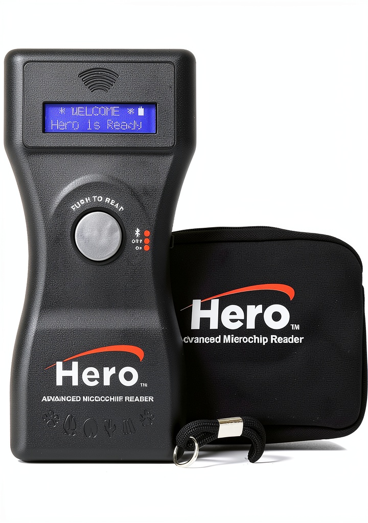 Microchip ID Systems scanner displaying chip number on backlit LCD screen
