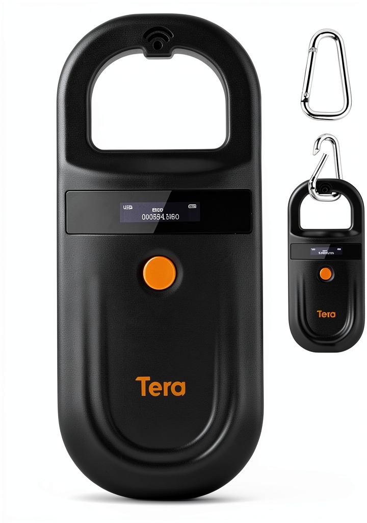Tera Pet Microchip Scanner displaying OLED screen in outdoor light
